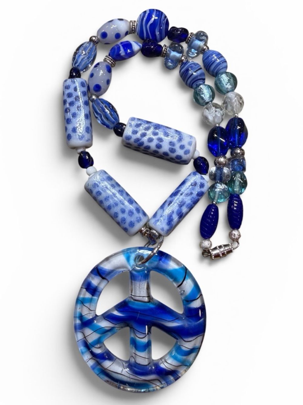 Artisan Vintage Beads Handmade Necklace with a Glass Peace Sign Pendant 925